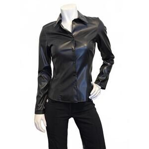 Vintage Y2K Black Faux Leather Button Up Jacket Womens Small No Appt Necessary